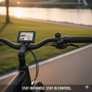 A close-up of the easy-to-read LCD display and throttle controls on an accessible electric bike under $3000.