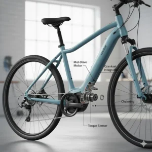 Technical illustration showing a mid-drive motor on a women's electric hybrid bicycle.