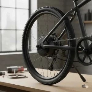 Detail view of a 250W hub motor, a common and reliable specification for a budget-friendly electric bike.