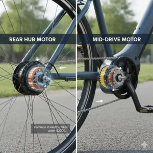 Diagram illustrating different electric bike motor types, specifically those common in models under $2000, like a rear hub motor.