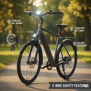 Diagram of essential safety components on an electric bike under $2000, including disc brakes, integrated front and rear lights, and a kickstand.