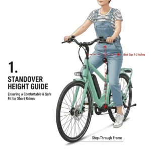 Diagram showing how to measure standover height on an electric bike for short riders.