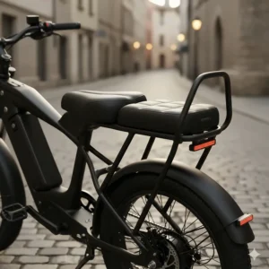 Close-up view of the comfortable, extended two-seater saddle and rear seat pad on the electric bike with passenger seat.