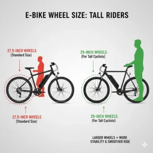 Illustration comparing 29-inch wheels to smaller sizes, highlighting why larger wheels benefit electric bikes for tall riders.