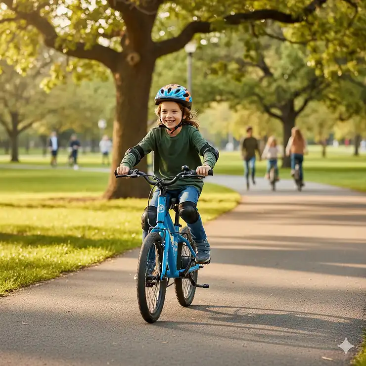 A happy 8-year-old child wearing a helmet and riding a bright blue electric bike on a paved path in a park. electric bikes for 8 year olds