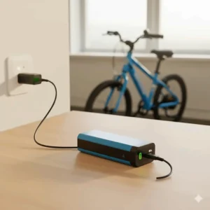 A lithium-ion battery pack for a kids' electric bike being safely plugged into a wall charger.