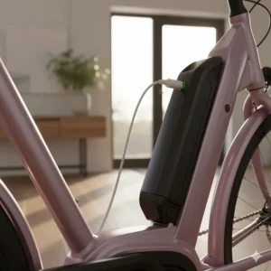Close-up illustration of a removable integrated battery on a women's e-bike frame.