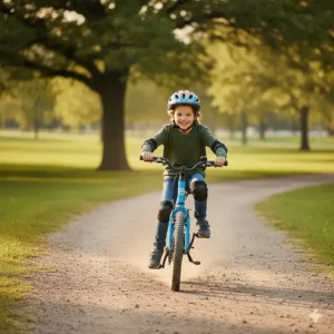 An 8-year-old riding a small, durable electric bike with knobby tires on a gentle, flat dirt or gravel trail.