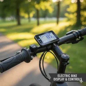 Close-up view of the digital display and pedal assist level controls on an affordable electric bike, showing battery level and speed.