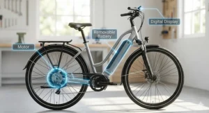 A detailed diagram of an electric bike for commuting highlighting the motor, removable battery, and digital display.