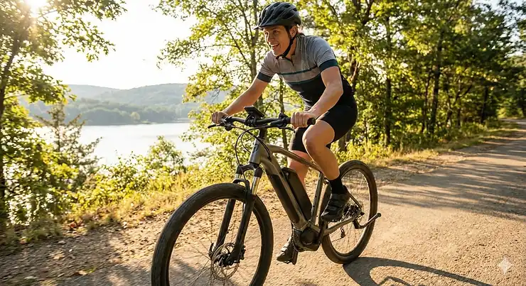 A person cycling on an electric bike for exercise along a scenic paved trail during a morning workout.