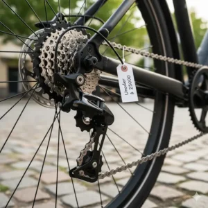 The rear derailleur and cassette of an electric bike, illustrating the typical 7 or 8-speed gear system for climbing hills.