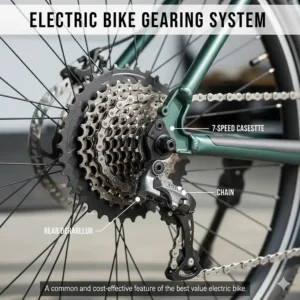 Close-up view of a reliable 7-speed gearing system on an entry-level e-bike, a common and cost-effective feature of the best value electric bike.