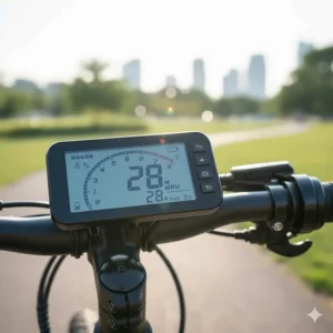 Clear shot of an electric bike LCD display console showing speed, battery level, and pedal assist settings (PAS) on a best selling electric bike.