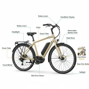 Detailed diagram of an electric bike for beginners showing the motor, battery, and display.