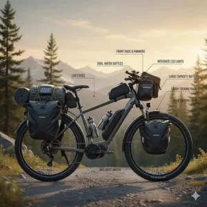 Illustration of a long distance electric bike equipped with panniers, racks, and camping gear for multi-day trips.