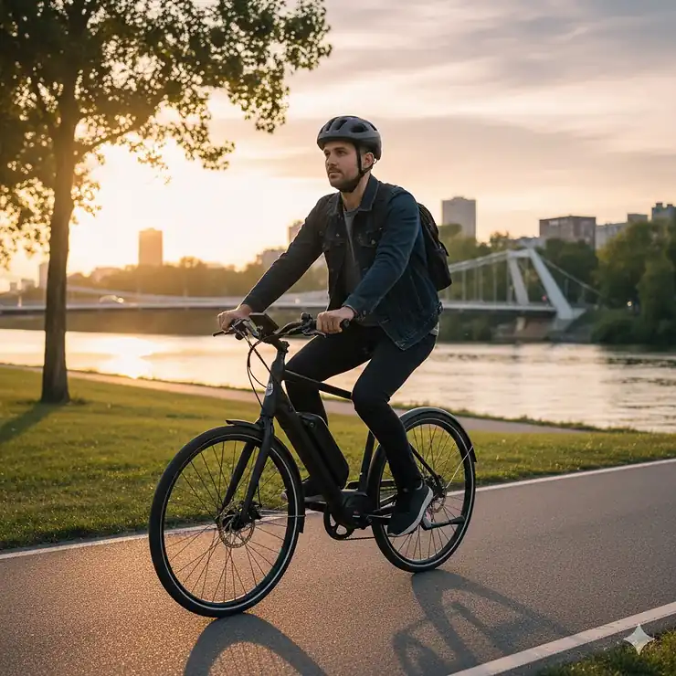 A rider cruising on a sleek, electric bike under $3000 on a city path, highlighting its affordable and stylish design. electric bikes under $3000