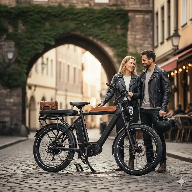 A powerful electric bike with a passenger seat and footrests, parked in a city street, ready for two riders.
