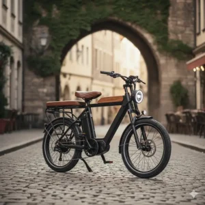 Full view of a moped-style electric bike featuring a cushioned two-seater and fat tires for a comfortable ride.