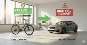 Graphic showing the carbon footprint reduction achieved by switching to an electric bike for commuting.