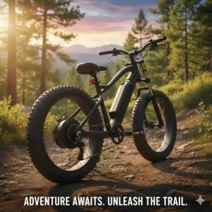 An aggressive-looking fat tire electric bike under $3000 riding on a dirt trail, demonstrating its versatility.
