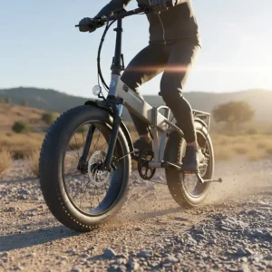 A folding electric bike with fat tires depicted riding over a mix of gravel and sand.