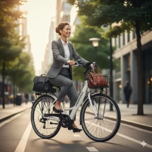 A professional woman commuting to work on a white electric bike with a rear cargo rack.