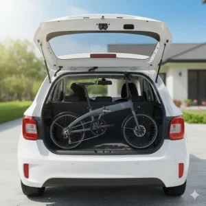 An illustration of a folded electric bike fitting easily inside the trunk of a small sedan.