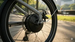 A detailed illustration of a high-torque rear hub motor on a folding electric bike.
