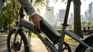 Illustration showing a removable lithium-ion battery being detached from a folding electric bike frame for charging.