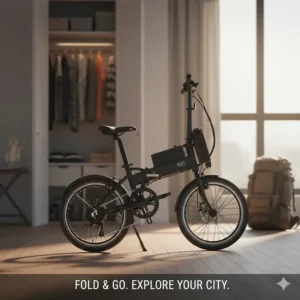 A compact, folded model of an affordable electric bike under $3000 suitable for easy storage and transportation.