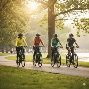 A group of diverse riders enjoying a social outdoor workout on their electric bikes.