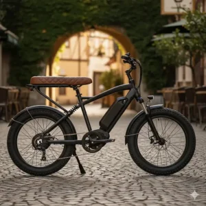 Showing the robust frame and suspension system of a high weight capacity electric bike with a passenger seat.