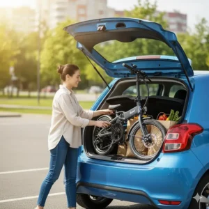 A compact, highly rated folding ebike neatly folded and stored in the trunk of a small car, emphasizing its portability and space-saving design.