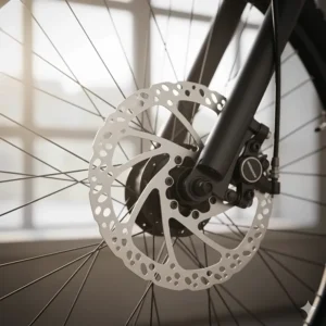 Close-up of reliable hydraulic disc brakes on a recommended budget electric bike for improved safety and stopping power.