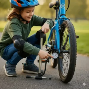 A close-up image of a child's electric bike tire being checked with a small pump and pressure gauge.