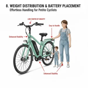 Diagram of a lightweight e-bike with a low center of gravity for easier handling by petite cyclists.