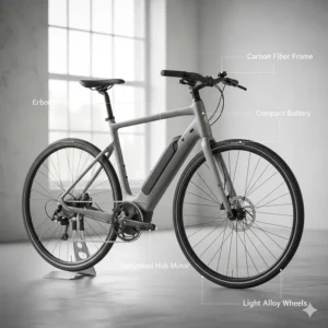 Graphic highlighting the components of a lightweight electric bike built for female riders.