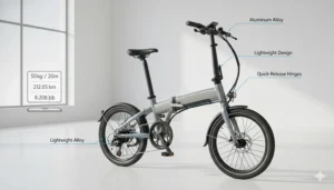 An illustration highlighting the lightweight aluminum alloy frame design of a portable folding electric bike.