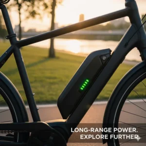 A close-up of a high-capacity, integrated battery on a reliable electric bike under $3000, emphasizing its range.