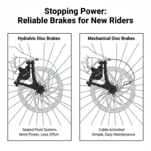 Illustration of disc brakes explaining reliable stopping power for new e-bike riders.