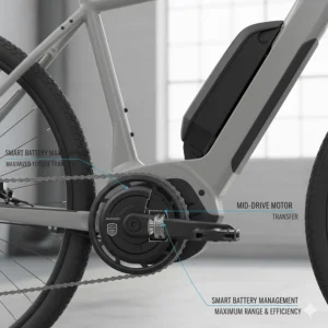 Illustration of a mid-drive motor system optimized for battery conservation on long distance electric bike trips.