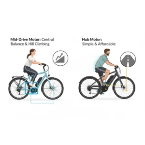 Graphic comparing mid-drive and hub motors to help beginners choose the best electric bike.
