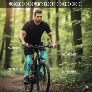 A diagram highlighting the leg and core muscles engaged when riding an electric bike for exercise.