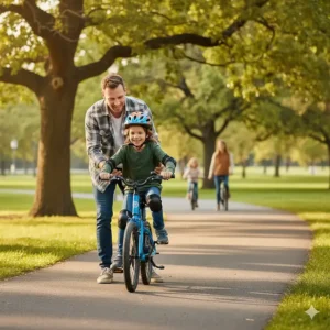 A parent carefully supervising and guiding an 8-year-old who is learning to balance and ride their first electric bike.