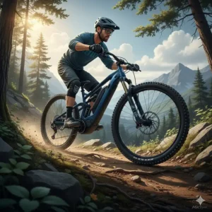 Dynamic action shot of a popular full suspension electric mountain bike climbing a steep, rocky trail, showing its powerful motor and suspension.