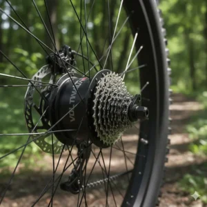 Technical close-up view of a powerful rear hub electric bike motor clearly displaying the brand logo and the gear cassette.