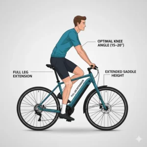 Illustration of a tall rider achieving the correct knee angle and leg extension on an electric bike with a high seat post.