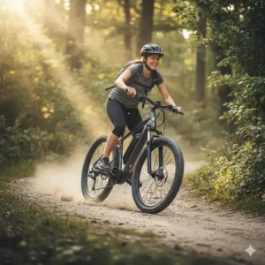 A rider using a budget electric bike with fat tires on a light trail, showcasing its versatility beyond pavement.