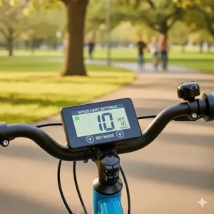Digital display screen on a small electric bike showing the adjustable speed settings for an 8-year-old rider.
